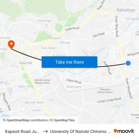 Kapsoit Road Junction to University Of Nairobi Chiromo Campus map