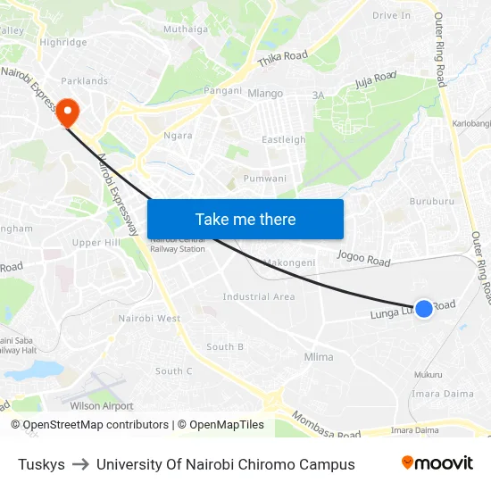 Tuskys to University Of Nairobi Chiromo Campus map