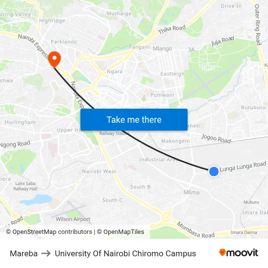 Mareba to University Of Nairobi Chiromo Campus map