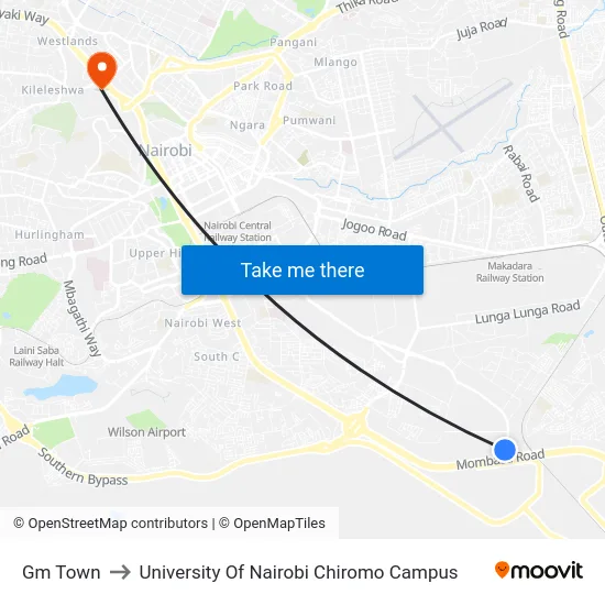 Gm Town to University Of Nairobi Chiromo Campus map