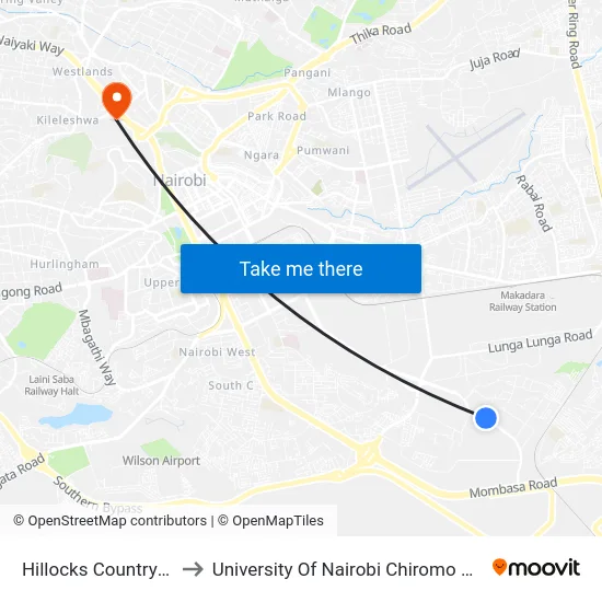 Hillocks Country Club to University Of Nairobi Chiromo Campus map