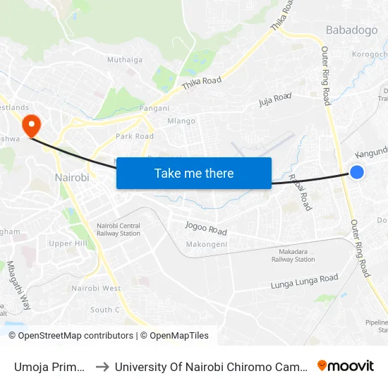 Umoja Primary to University Of Nairobi Chiromo Campus map