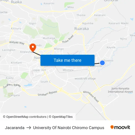 Jacaranda to University Of Nairobi Chiromo Campus map