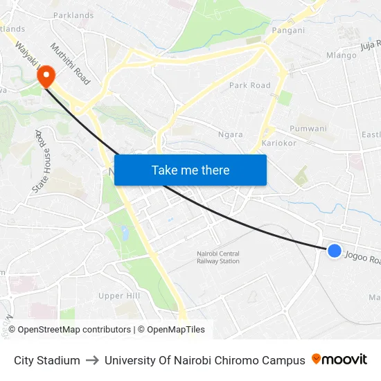City Stadium to University Of Nairobi Chiromo Campus map