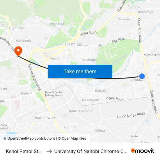 Kenol Petrol Station to University Of Nairobi Chiromo Campus map