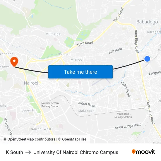 K South to University Of Nairobi Chiromo Campus map