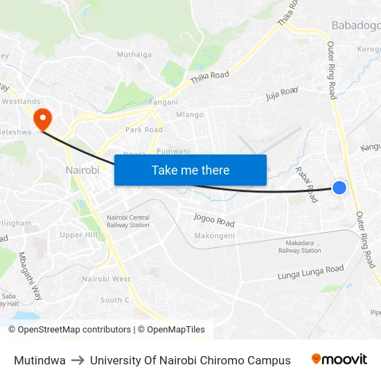 Mutindwa to University Of Nairobi Chiromo Campus map