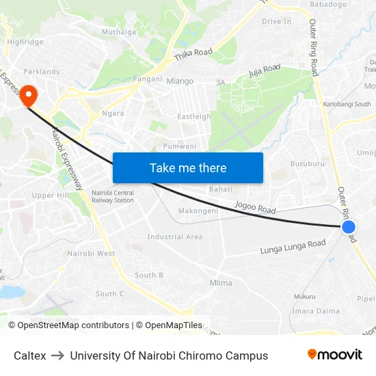 Caltex to University Of Nairobi Chiromo Campus map