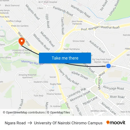 Ngara Road to University Of Nairobi Chiromo Campus map