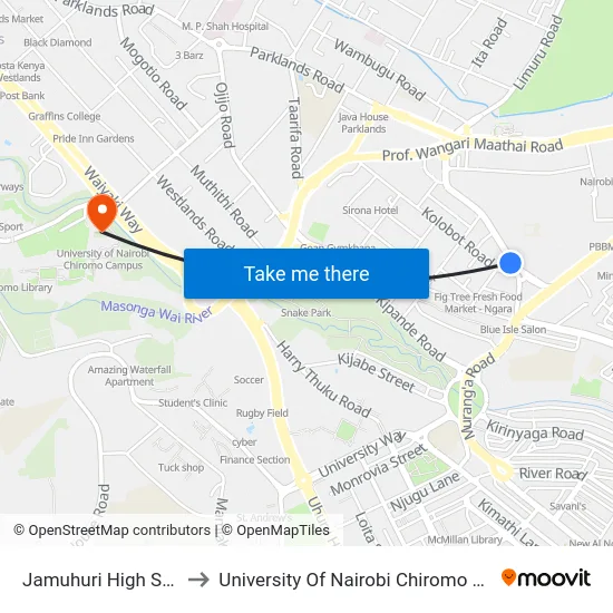 Jamuhuri High School to University Of Nairobi Chiromo Campus map