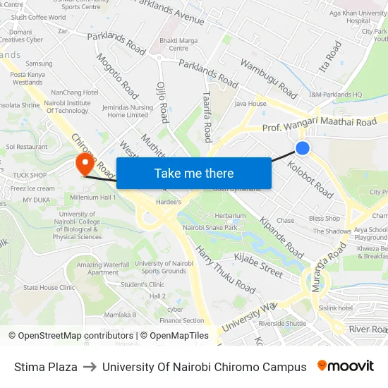Stima Plaza to University Of Nairobi Chiromo Campus map