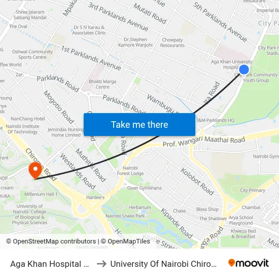 Aga Khan Hospital Junction to University Of Nairobi Chiromo Campus map