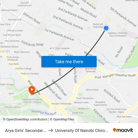 Arya Girls' Secondary School to University Of Nairobi Chiromo Campus map