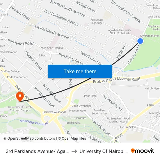 3rd Parklands Avenue/ Aga Kan Hospital Junction to University Of Nairobi Chiromo Campus map