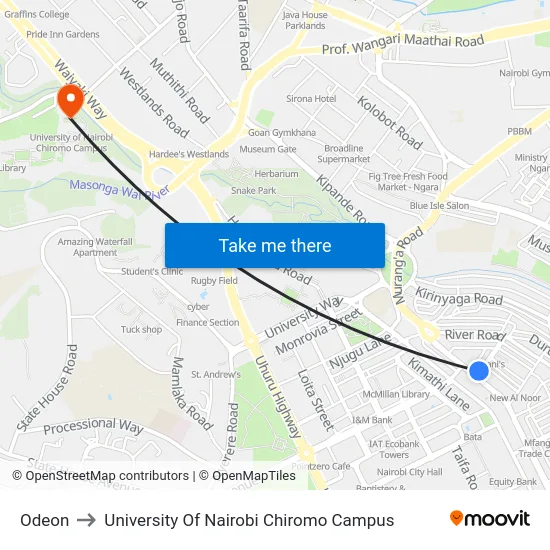 Odeon to University Of Nairobi Chiromo Campus map