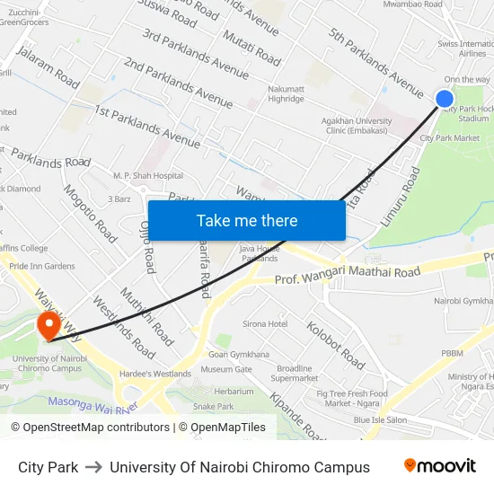 City Park to University Of Nairobi Chiromo Campus map