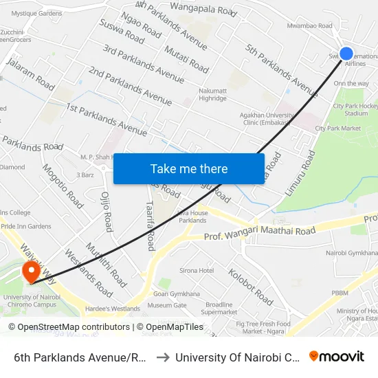 6th Parklands Avenue/Regal House/Kobil to University Of Nairobi Chiromo Campus map