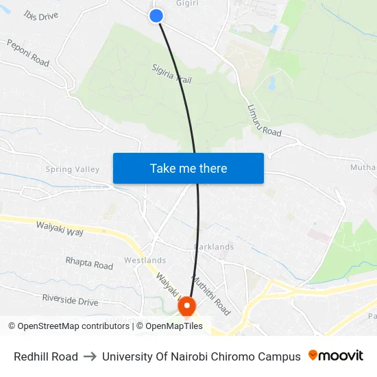 Redhill Road to University Of Nairobi Chiromo Campus map