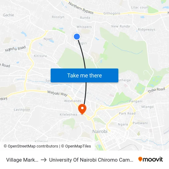 Village Market to University Of Nairobi Chiromo Campus map