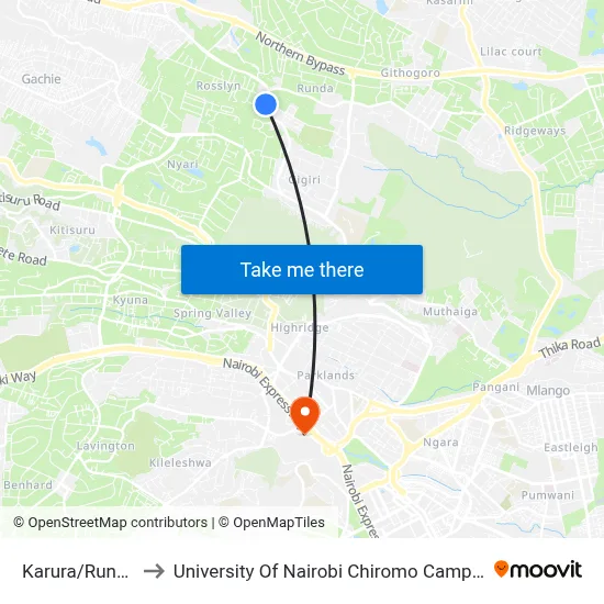 Karura/Runda to University Of Nairobi Chiromo Campus map