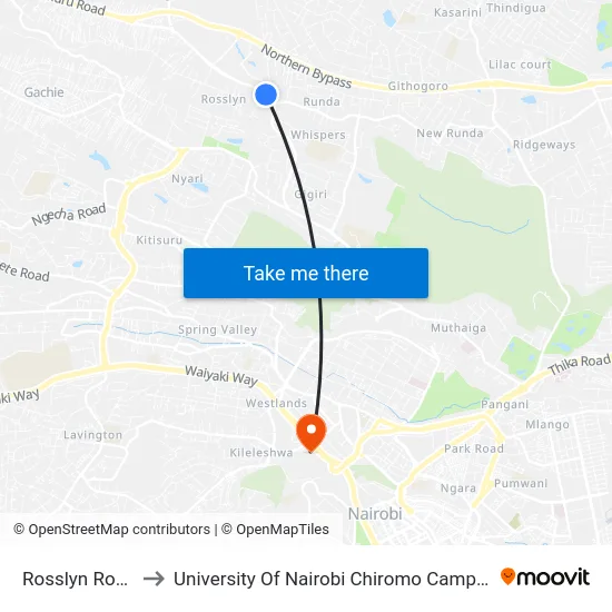 Rosslyn Road to University Of Nairobi Chiromo Campus map