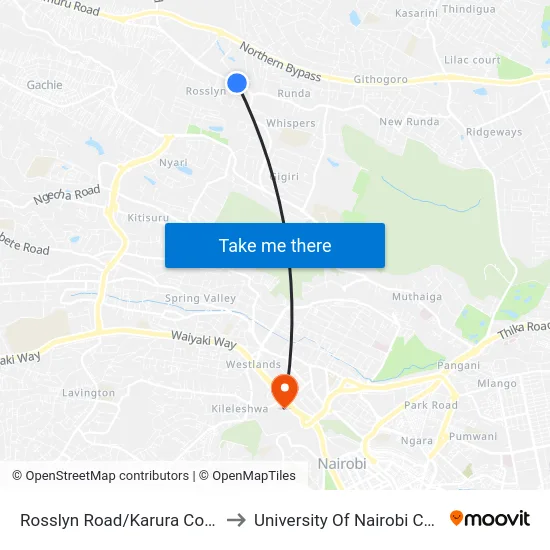 Rosslyn Road/Karura Community Chapel to University Of Nairobi Chiromo Campus map