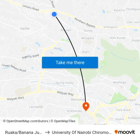 Ruaka/Banana Junction to University Of Nairobi Chiromo Campus map
