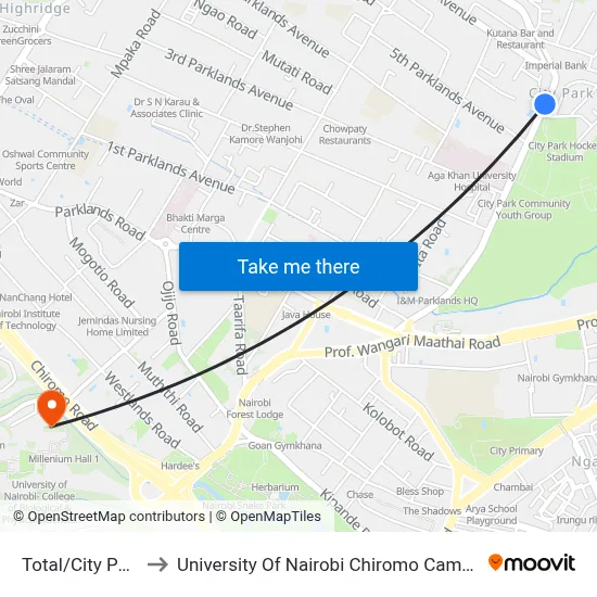Total/City Park to University Of Nairobi Chiromo Campus map