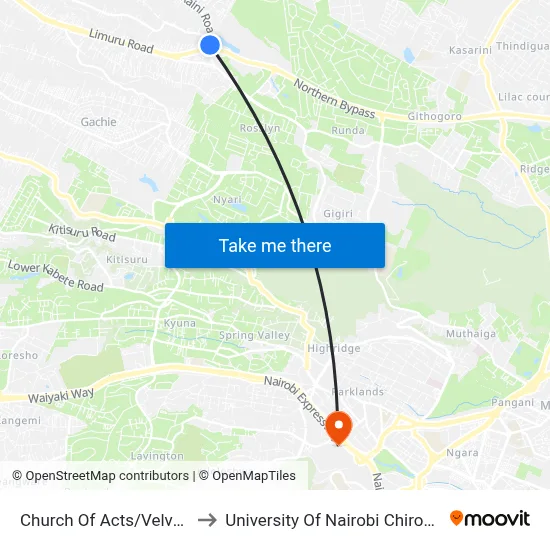Church Of Acts/Velvet Lounge to University Of Nairobi Chiromo Campus map