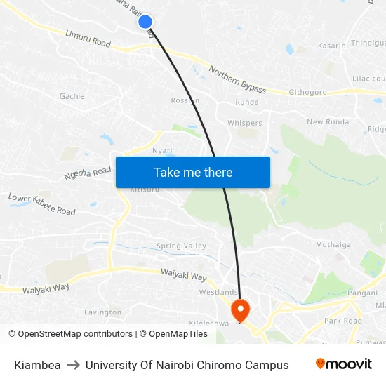 Kiambea to University Of Nairobi Chiromo Campus map