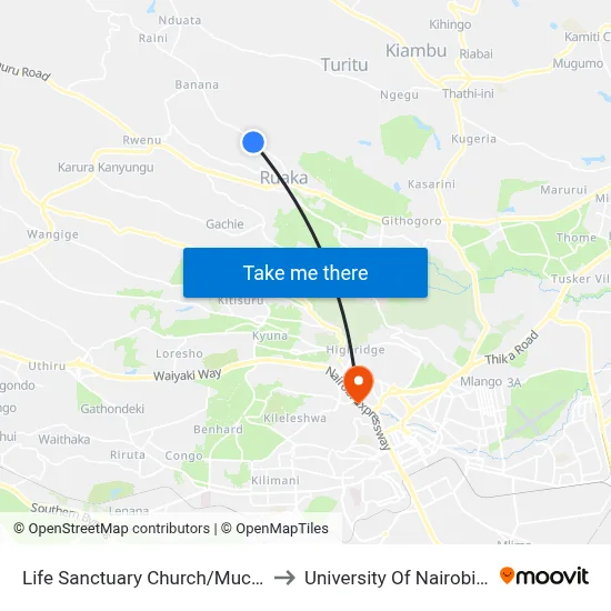 Life Sanctuary Church/Muchatha Shopping Centre to University Of Nairobi Chiromo Campus map