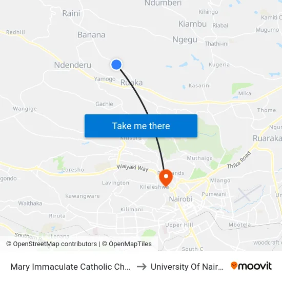 Mary Immaculate Catholic Church/Muchatha Shopping Centre to University Of Nairobi Chiromo Campus map