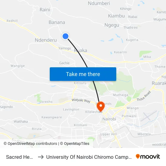 Sacred Heart to University Of Nairobi Chiromo Campus map