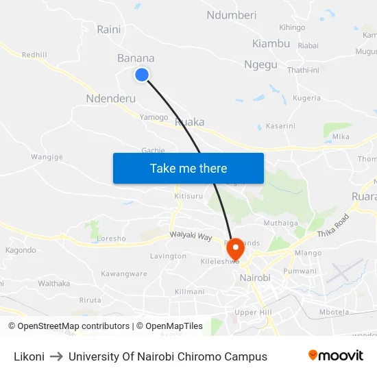 Likoni to University Of Nairobi Chiromo Campus map