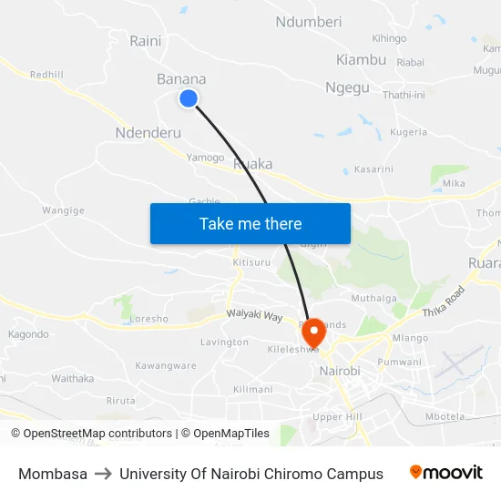 Mombasa to University Of Nairobi Chiromo Campus map