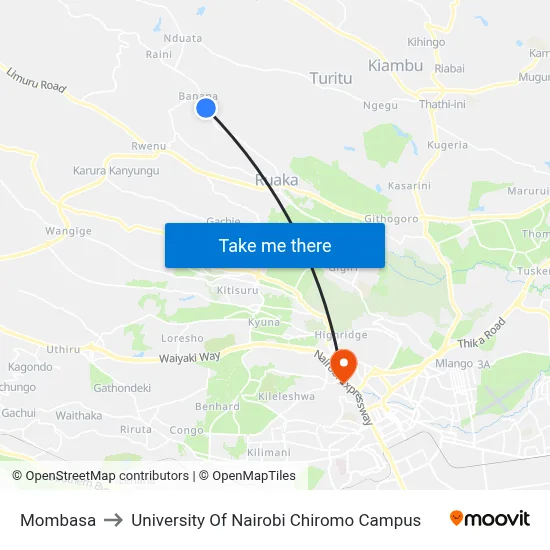Mombasa to University Of Nairobi Chiromo Campus map