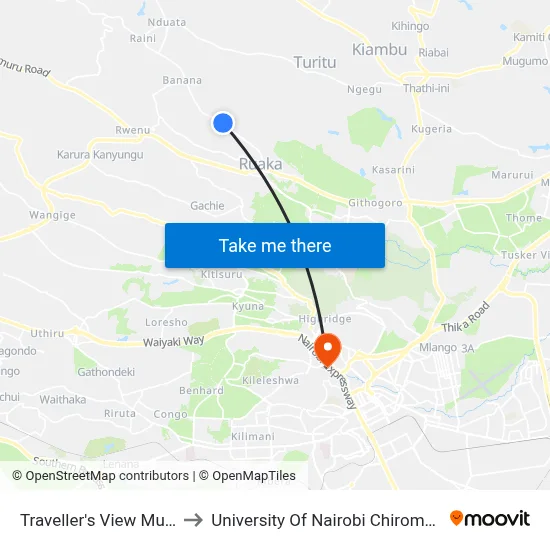 Traveller's View Muchatha to University Of Nairobi Chiromo Campus map