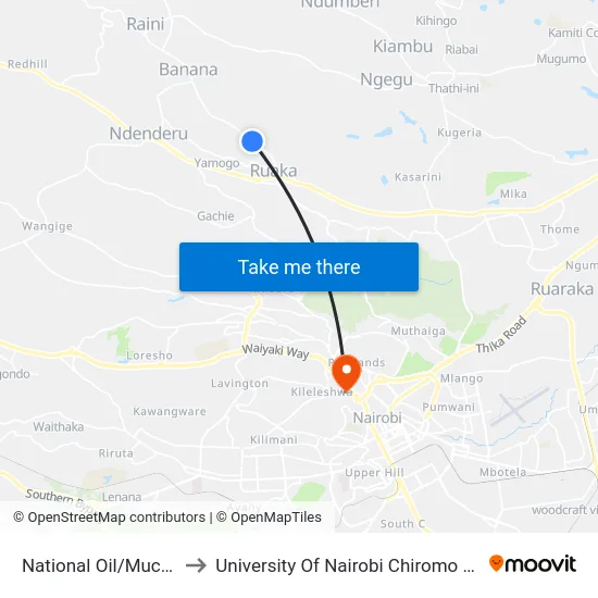 National Oil/Muchatha to University Of Nairobi Chiromo Campus map