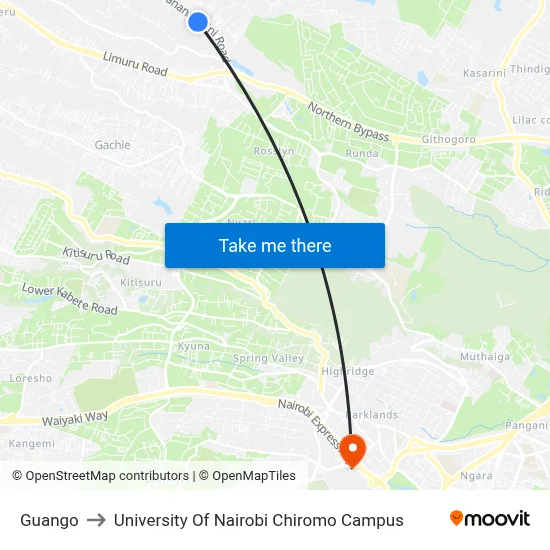 Guango to University Of Nairobi Chiromo Campus map