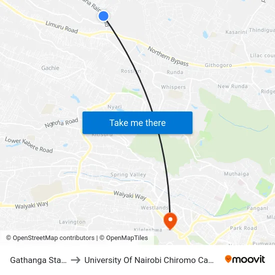 Gathanga Stage to University Of Nairobi Chiromo Campus map
