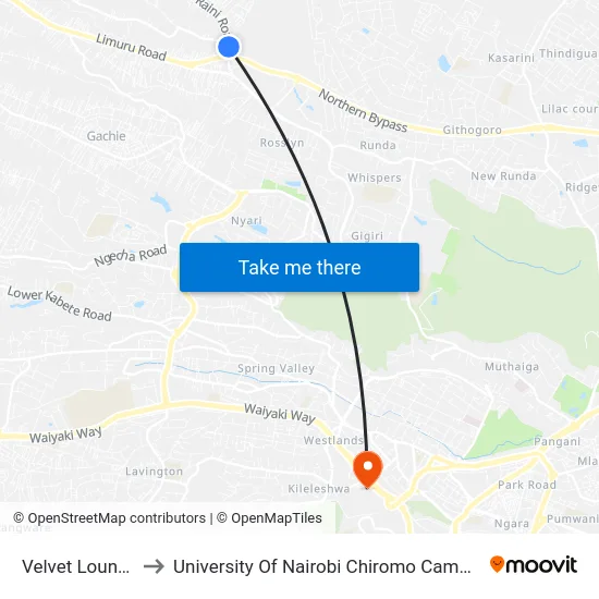 Velvet Lounge to University Of Nairobi Chiromo Campus map