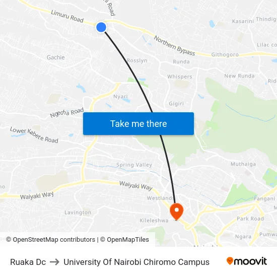 Ruaka Dc to University Of Nairobi Chiromo Campus map