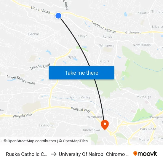 Ruaka Catholic Church to University Of Nairobi Chiromo Campus map