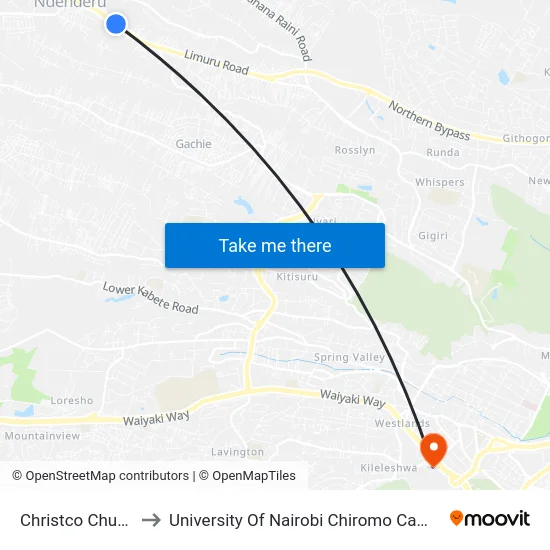 Christco Church to University Of Nairobi Chiromo Campus map