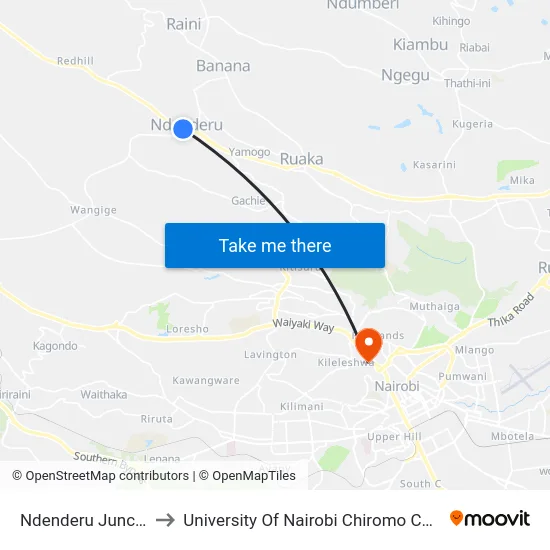 Ndenderu Junction to University Of Nairobi Chiromo Campus map
