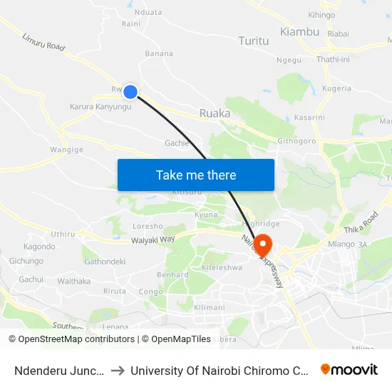 Ndenderu Junction to University Of Nairobi Chiromo Campus map
