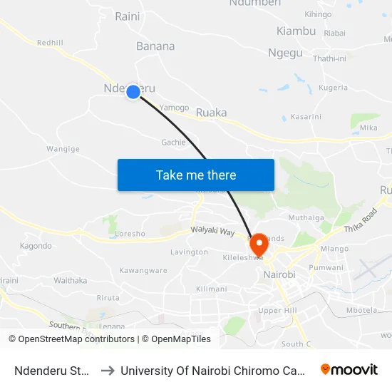 Ndenderu Stage to University Of Nairobi Chiromo Campus map