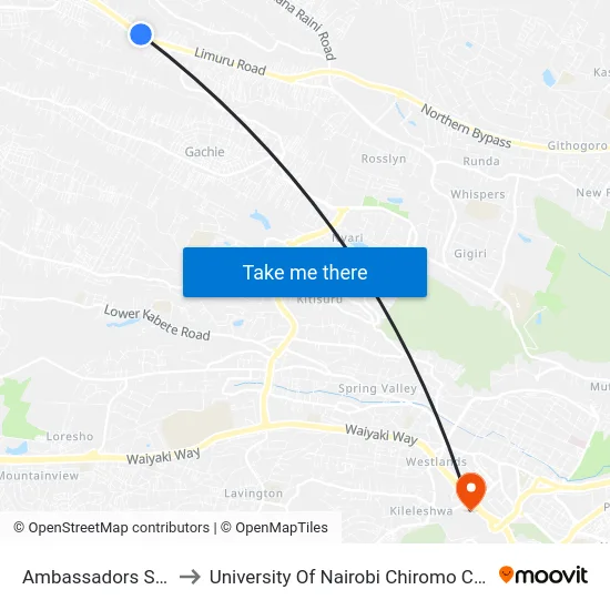 Ambassadors Stage to University Of Nairobi Chiromo Campus map