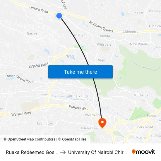 Ruaka Redeemed Gospel Church to University Of Nairobi Chiromo Campus map