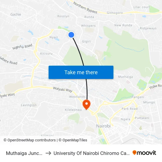 Muthaiga Junction to University Of Nairobi Chiromo Campus map
